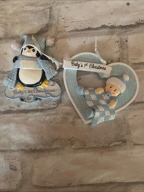 Baby's 1st Christmas Ornament Set in Light Blue and White penquin heart
